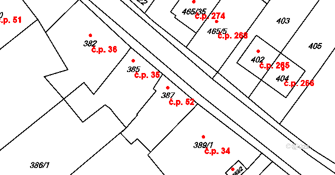 Vážany 52, Kroměříž na parcele st. 387 v KÚ Vážany u Kroměříže, Katastrální mapa