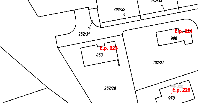 Domoradice 223, Český Krumlov na parcele st. 989 v KÚ Přísečná-Domoradice, Katastrální mapa