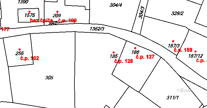 Vranov nad Dyjí 128 na parcele st. 185 v KÚ Vranov nad Dyjí, Katastrální mapa