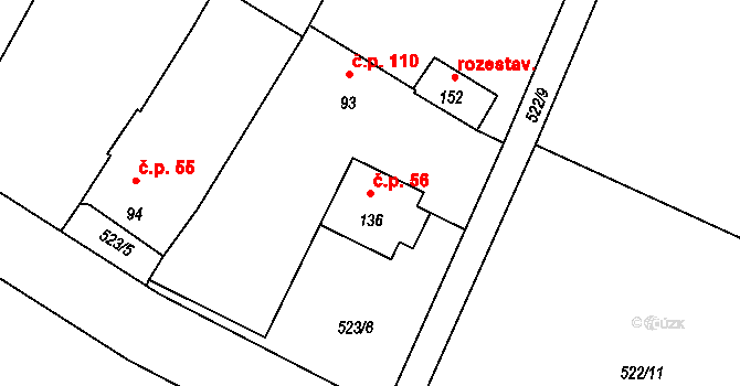Hůrky 56, Lišov na parcele st. 136 v KÚ Hůrky u Lišova, Katastrální mapa