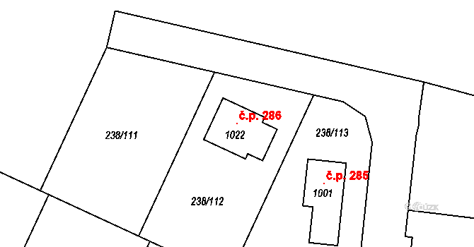 Horoušany 286 na parcele st. 1022 v KÚ Horoušany, Katastrální mapa