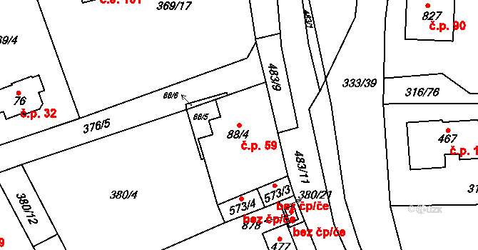 Řež 59, Husinec na parcele st. 88/4 v KÚ Husinec u Řeže, Katastrální mapa