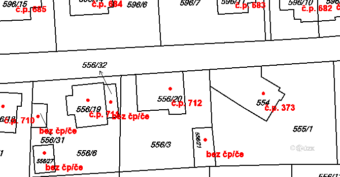 Doksy 712 na parcele st. 556/20 v KÚ Doksy u Máchova jezera, Katastrální mapa