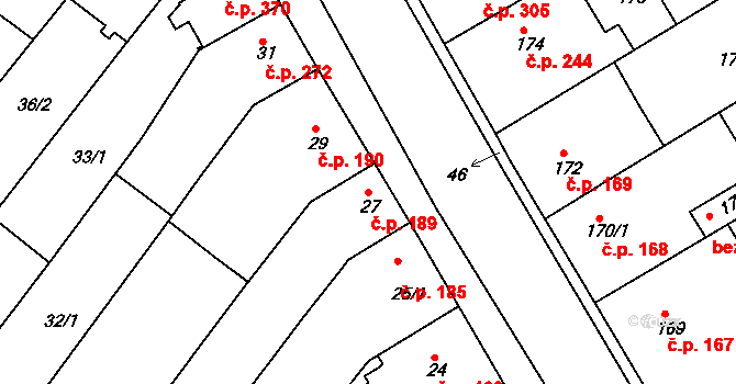 Rousínov 189 na parcele st. 27/1 v KÚ Rousínov u Vyškova, Katastrální mapa
