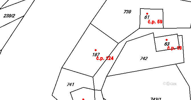Hrádek 124 na parcele st. 197 v KÚ Hrádek, Katastrální mapa