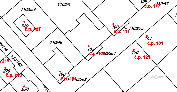 Mratín 105 na parcele st. 107 v KÚ Mratín, Katastrální mapa