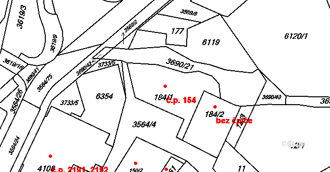Rožnov pod Radhoštěm 154 na parcele st. 184/1 v KÚ Rožnov pod Radhoštěm, Katastrální mapa