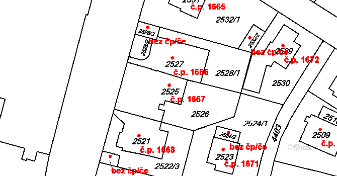 Teplice 1667 na parcele st. 2525 v KÚ Teplice, Katastrální mapa