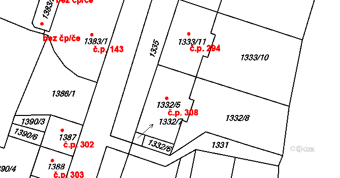 Suchdol nad Lužnicí 308 na parcele st. 1332/5 v KÚ Suchdol nad Lužnicí, Katastrální mapa