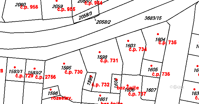 České Budějovice 5 731, České Budějovice na parcele st. 1598 v KÚ České Budějovice 5, Katastrální mapa