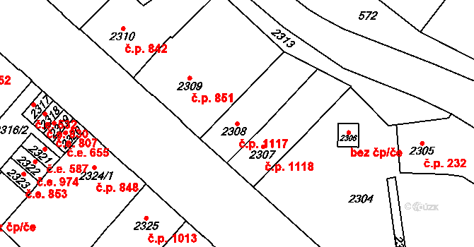 Chomutov 1117 na parcele st. 2308 v KÚ Chomutov I, Katastrální mapa