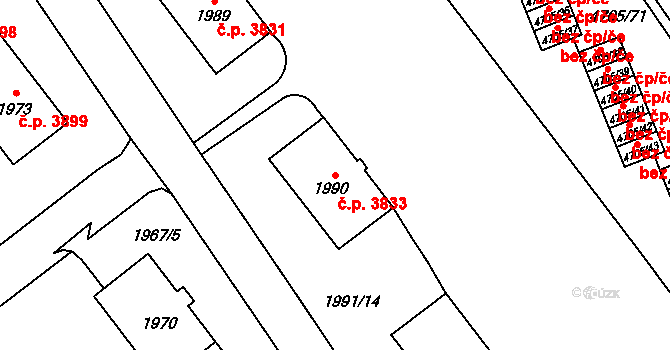 Chomutov 3833 na parcele st. 1990 v KÚ Chomutov I, Katastrální mapa