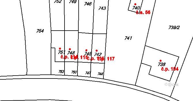 Řícmanice 117 na parcele st. 742 v KÚ Řícmanice, Katastrální mapa