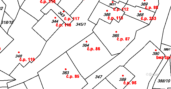 Pozořice 86 na parcele st. 364 v KÚ Pozořice, Katastrální mapa