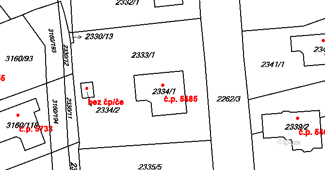 Chomutov 5485 na parcele st. 2334/1 v KÚ Chomutov II, Katastrální mapa