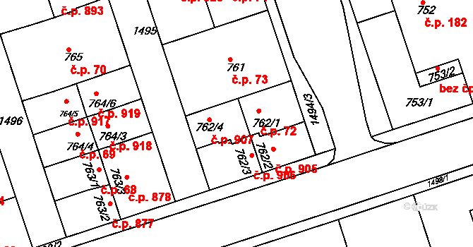 Čakovice 907, Praha na parcele st. 762/4 v KÚ Čakovice, Katastrální mapa