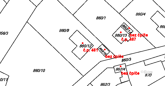 Sobědruhy 481, Teplice na parcele st. 860/12 v KÚ Sobědruhy, Katastrální mapa