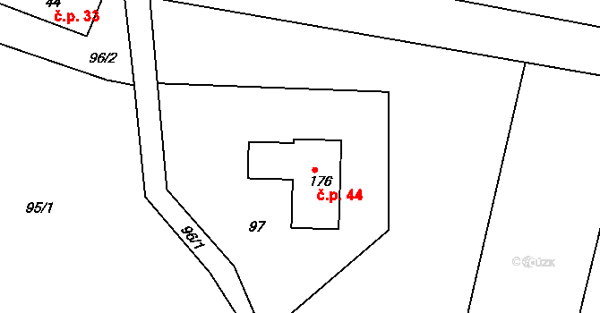 Hněvětice 44, Skuteč na parcele st. 176 v KÚ Hněvětice, Katastrální mapa