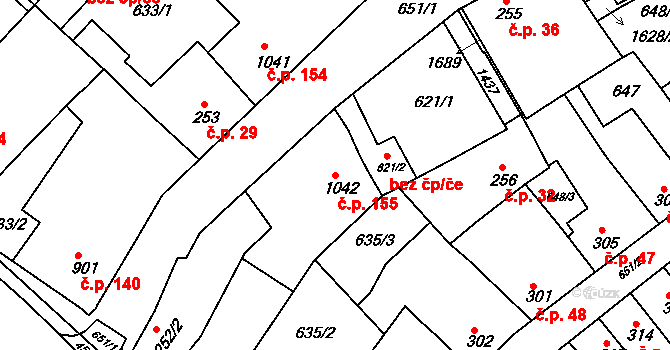 Rybárny 155, Uherské Hradiště na parcele st. 1042 v KÚ Uherské Hradiště, Katastrální mapa