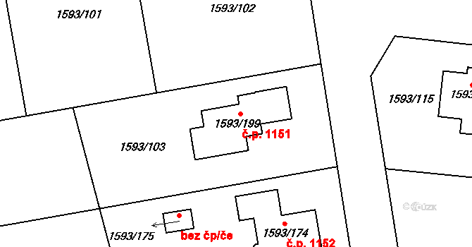 Kosmonosy 1151 na parcele st. 1593/199 v KÚ Kosmonosy, Katastrální mapa