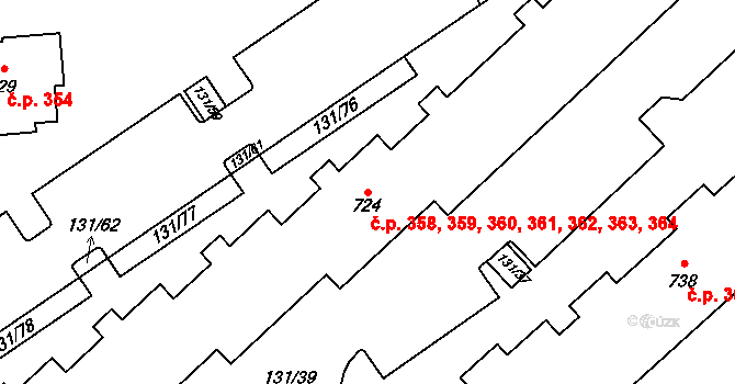 Trnová 358,359,360,361,362,, Pardubice na parcele st. 724 v KÚ Trnová, Katastrální mapa