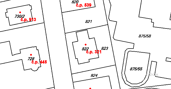 Kylešovice 321, Opava na parcele st. 822 v KÚ Kylešovice, Katastrální mapa