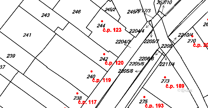 Chylice 120, Ostrožská Nová Ves na parcele st. 242 v KÚ Chylice, Katastrální mapa