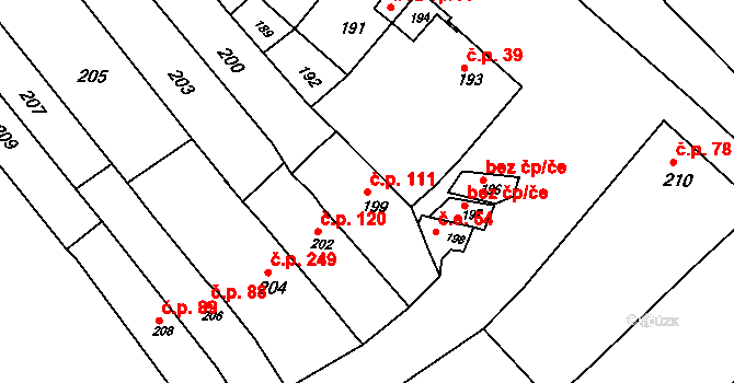 Zbýšov 111 na parcele st. 199 v KÚ Zbýšov, Katastrální mapa