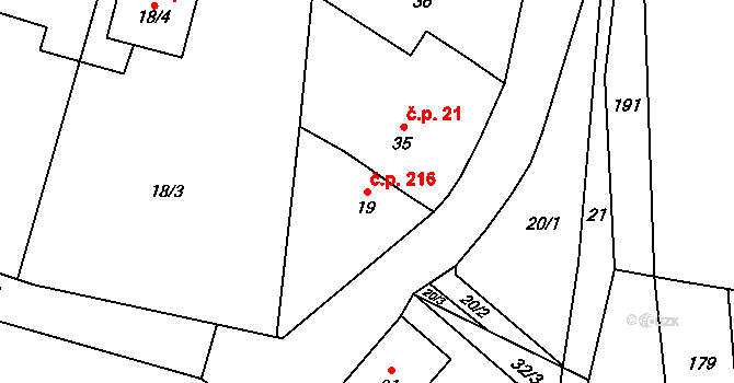 Dolní Žukov 216, Český Těšín na parcele st. 19 v KÚ Dolní Žukov, Katastrální mapa