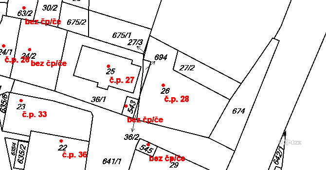Byškovice 28, Neratovice na parcele st. 26 v KÚ Byškovice, Katastrální mapa