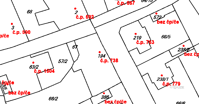 Rudná 738 na parcele st. 194 v KÚ Hořelice, Katastrální mapa