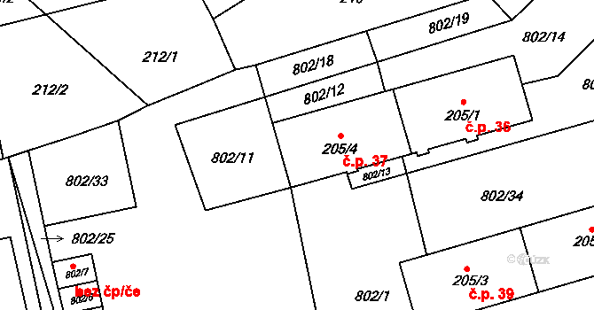 Meclov 37 na parcele st. 205/4 v KÚ Meclov, Katastrální mapa