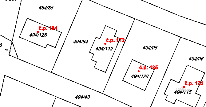 Černotín 172 na parcele st. 494/112 v KÚ Černotín, Katastrální mapa