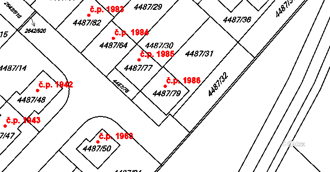 Kuřim 1986 na parcele st. 4487/79 v KÚ Kuřim, Katastrální mapa