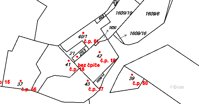 Lískovec 18, Koryčany na parcele st. 42 v KÚ Lískovec, Katastrální mapa