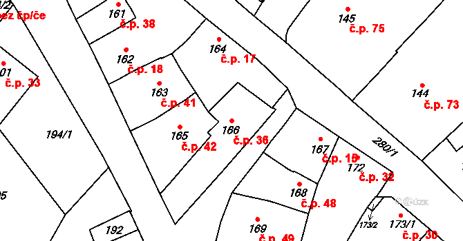 Tetětice 36, Počenice-Tetětice na parcele st. 166 v KÚ Tetětice, Katastrální mapa