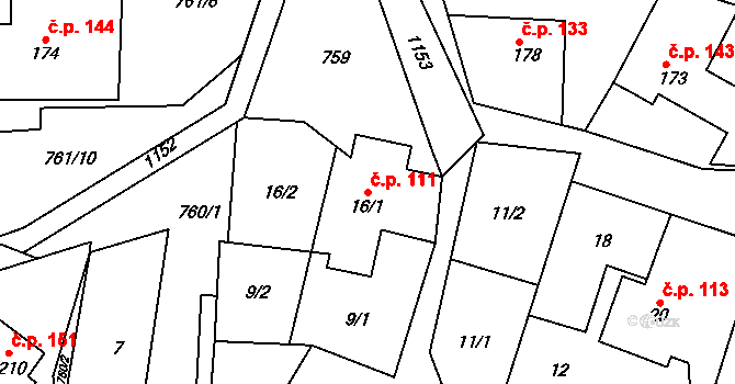 Runářov 111, Konice na parcele st. 16/1 v KÚ Runářov, Katastrální mapa