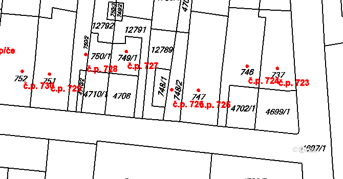 Hrušovany nad Jevišovkou 726 na parcele st. 748/1 v KÚ Hrušovany nad Jevišovkou, Katastrální mapa