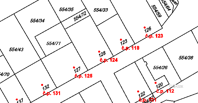 Kravsko 124 na parcele st. 128 v KÚ Kravsko, Katastrální mapa
