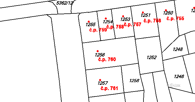 Znojmo 760 na parcele st. 1256 v KÚ Znojmo-město, Katastrální mapa