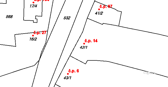 Močovice 14 na parcele st. 42/1 v KÚ Močovice, Katastrální mapa