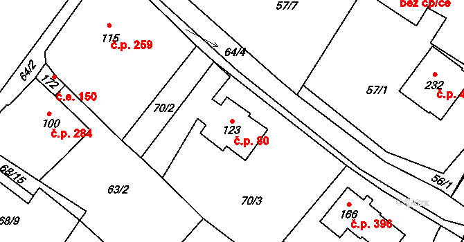 Dobronín 80 na parcele st. 123 v KÚ Střelecká, Katastrální mapa