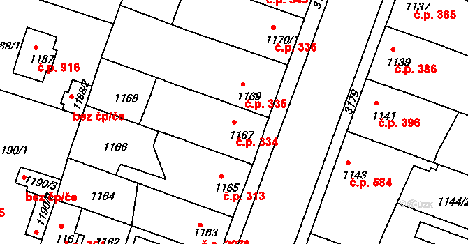 Čelákovice 334 na parcele st. 1167 v KÚ Čelákovice, Katastrální mapa
