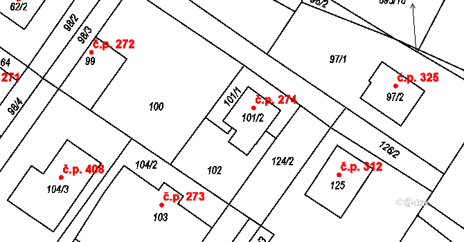 Kačice 274 na parcele st. 101/2 v KÚ Kačice, Katastrální mapa