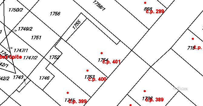 Sudoměřice 401 na parcele st. 1754 v KÚ Sudoměřice, Katastrální mapa