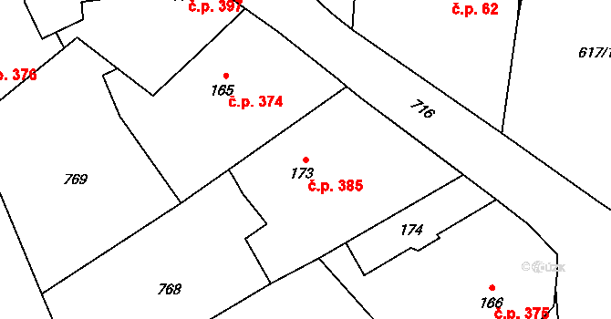 Polánky nad Dědinou 385, Třebechovice pod Orebem na parcele st. 173 v KÚ Polánky nad Dědinou, Katastrální mapa