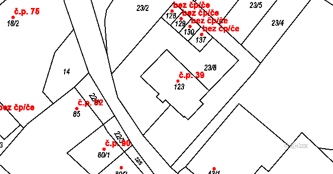 Řimice 39, Bílá Lhota na parcele st. 123 v KÚ Řimice, Katastrální mapa