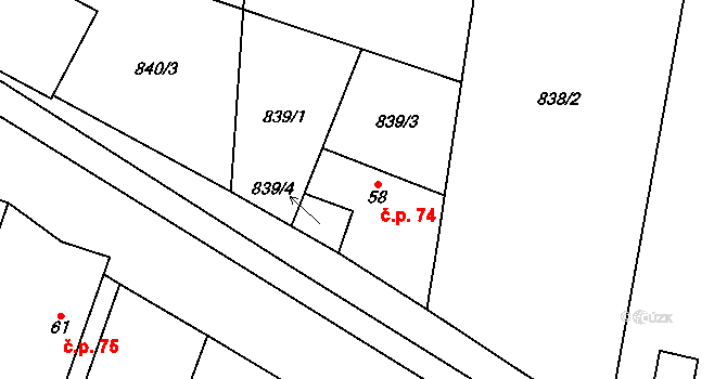 Doubravice 74 na parcele st. 58 v KÚ Doubravice u Strakonic, Katastrální mapa