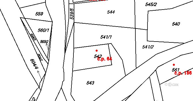 Prunéřov 64, Kadaň na parcele st. 542 v KÚ Prunéřov, Katastrální mapa