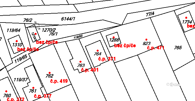 Halenkov 371 na parcele st. 764 v KÚ Halenkov, Katastrální mapa